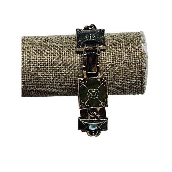 Liz Claiborne Gold Tone, Green & Red Enamel And Rhinestone Link Bracelet (5392) - Picture 3 of 8